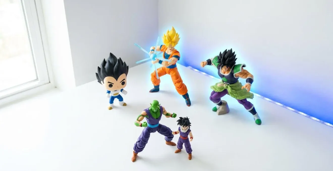 Composition de cinq figurines Dragon Ball Z de différentes gammes (Funko Pop, S.H.Figuarts, statue) disposées en poses dynamiques sur fond blanc