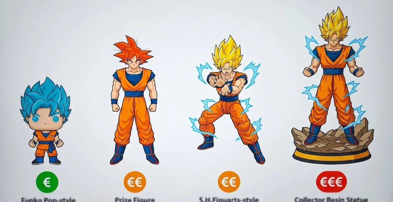Illustration isométrique comparant quatre gammes de figurines Dragon Ball Z : Funko Pop, Prize Figure, S.H.Figuarts et statue collector, avec indication de prix