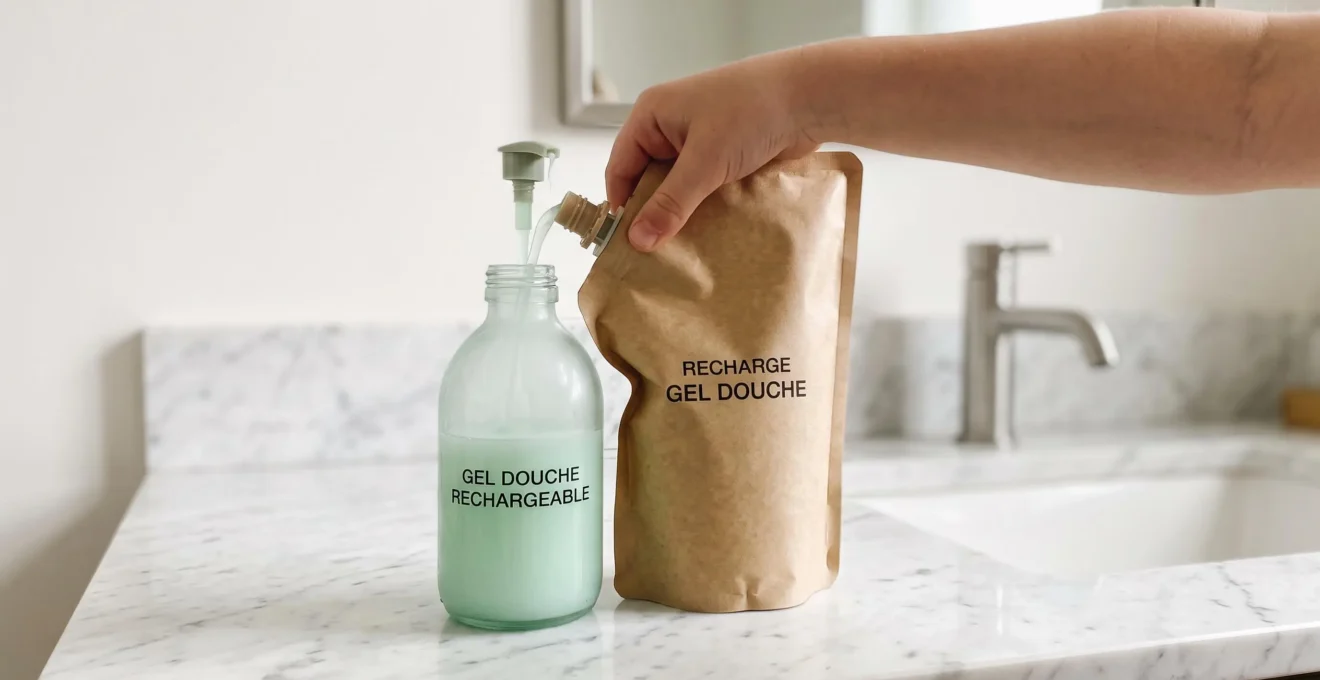 Flacon de gel douche rechargeable en verre translucide et sachet de recharge kraft sur plan de travail en marbre, main d'enfant s'apprêtant à remplir le flacon